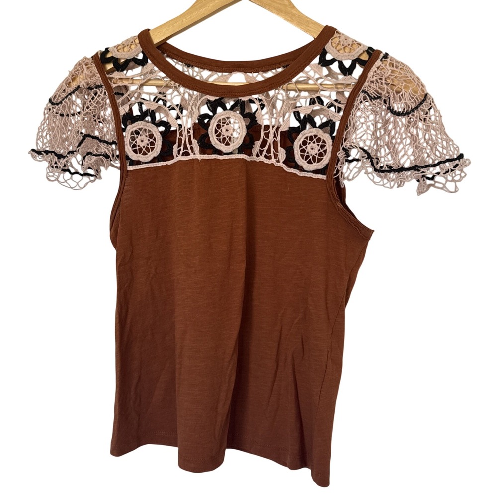 Anthropologie Crochet Lace Top Womens S Boho Flutter Sleeve Flirty Festival Wear